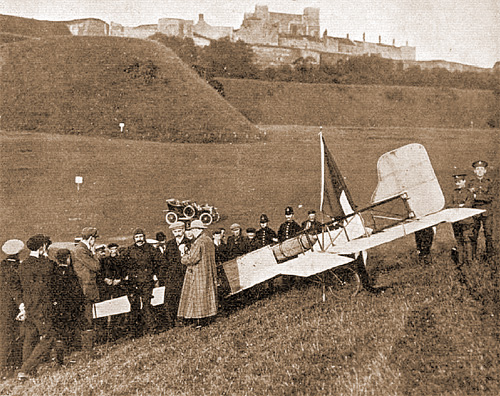 Blriot arrival at North Fall Meadow, note Tricouleur and Dover Castle